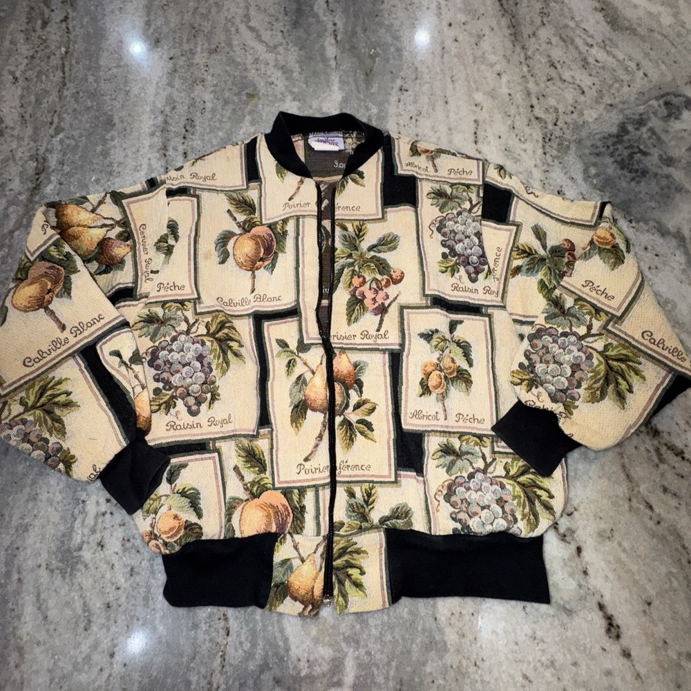 VTG Southern Stitches Tapestry Full Zip Jacket Vegetables Garden Farmer Art Sz M